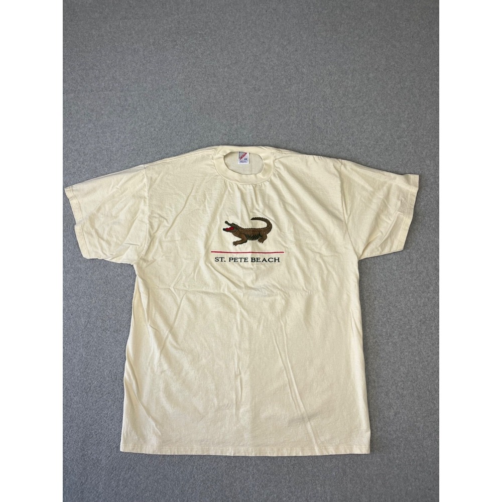 Vintage St Pete Beach Shirt Mens 2X Biege Embroidered Short Sleeve 90s Made USA
